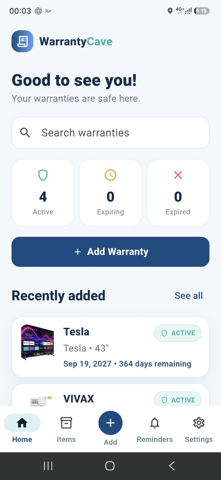 WarrantyCave home screen showing active warranties