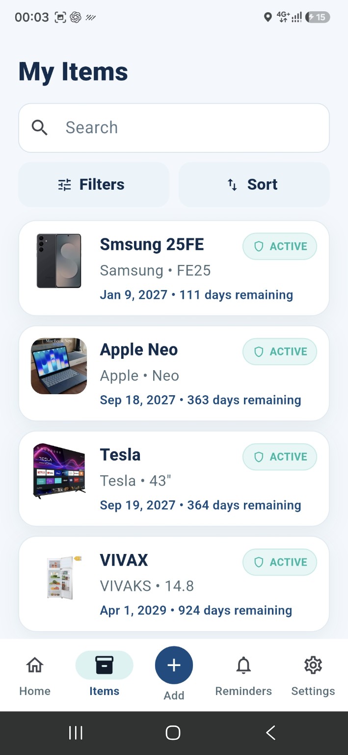 Organized list of warranty items