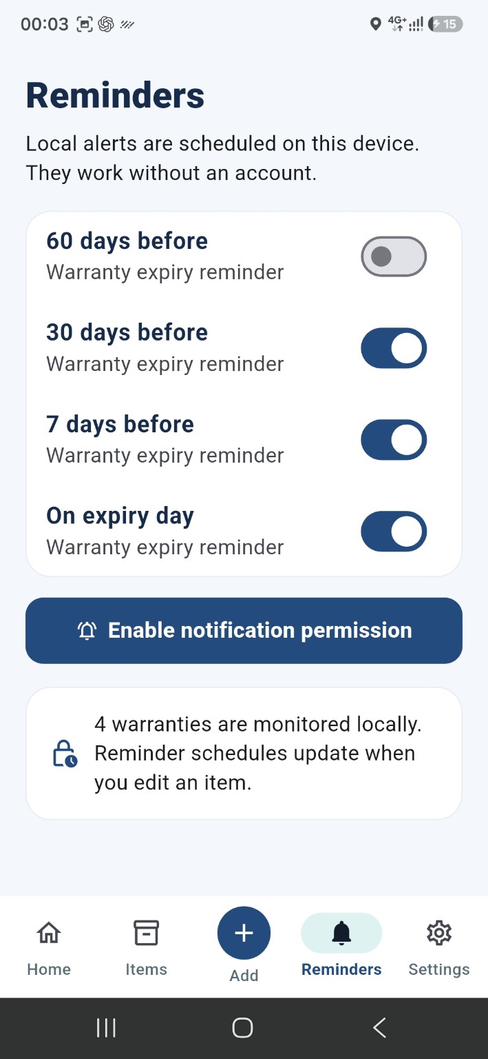 Warranty expiry reminder settings
