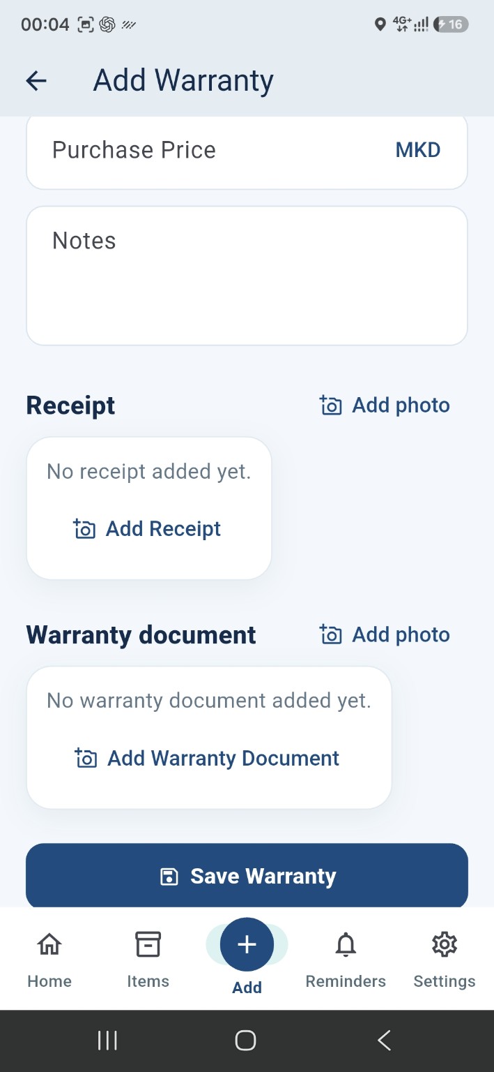 Add receipt and warranty document screen