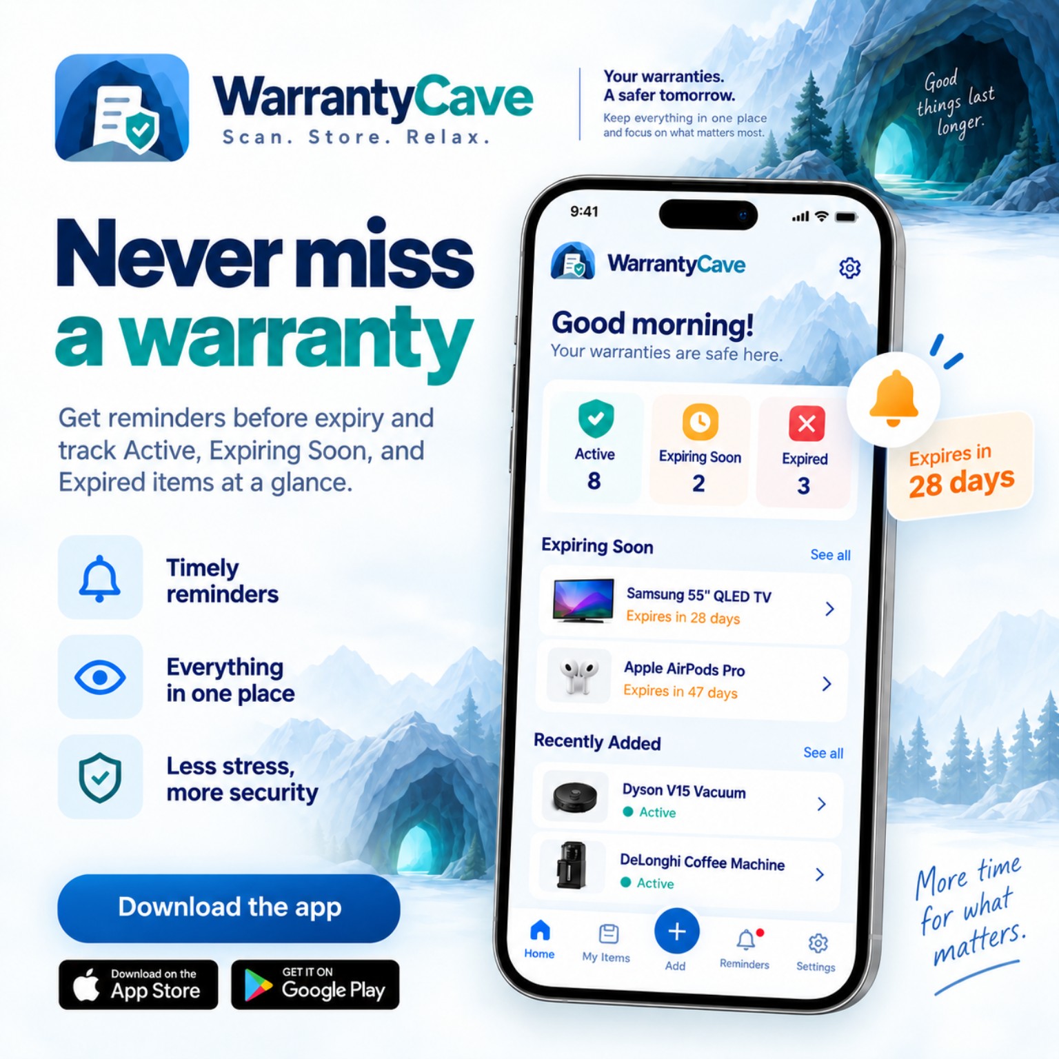 Never miss a warranty with WarrantyCave reminders