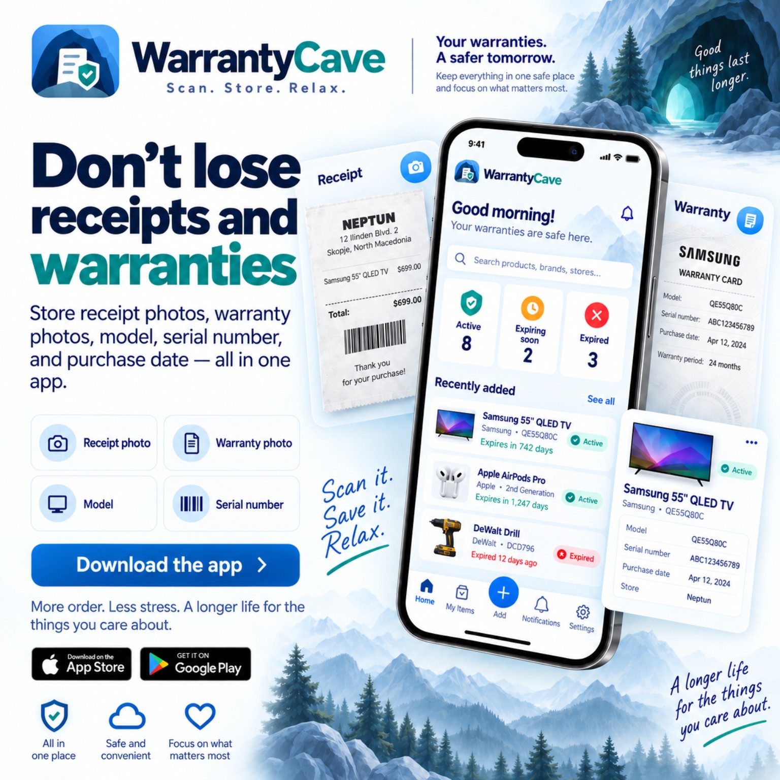 WarrantyCave stores receipts and warranties together